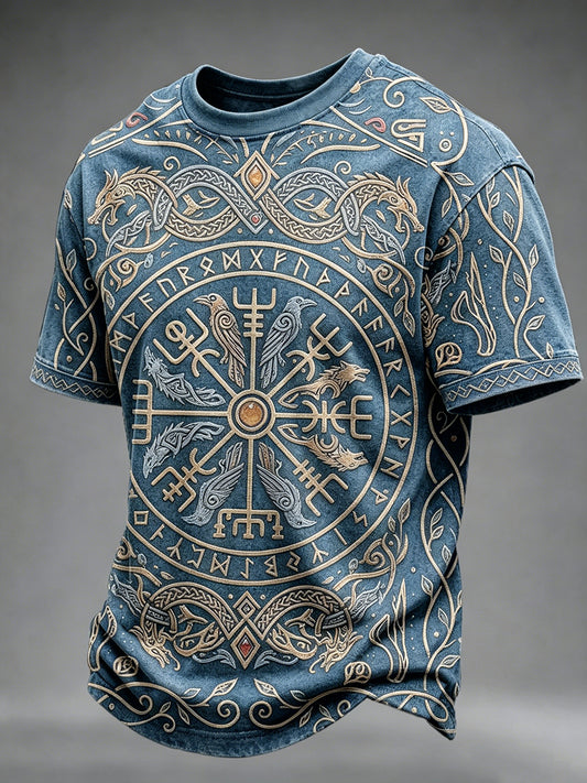 Mansvintage t-shirt med vikingakompassmönster och korta ärmar