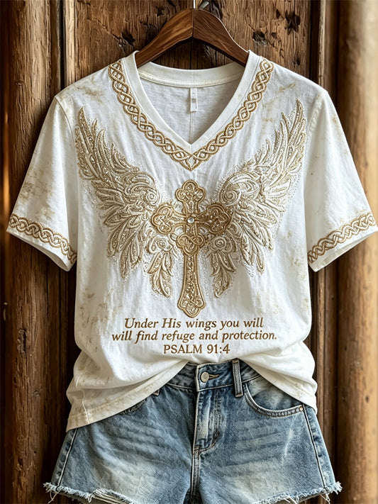 Kvinnors under hans vingar Du hittar Refuge Cross med vingar Print kortärmad T-shirt