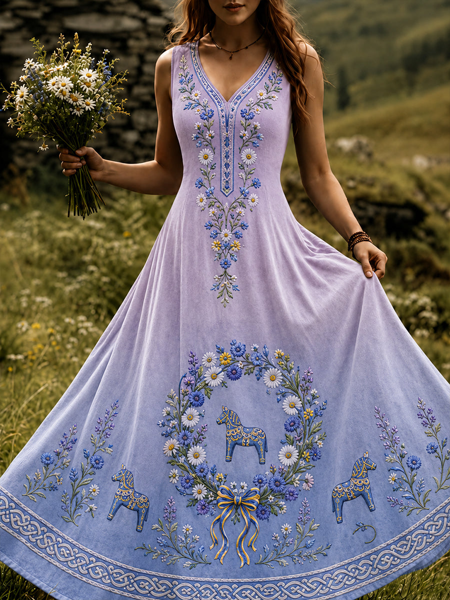 Vintage svensk blommig dalahästkonsttryck avslappnad klänning