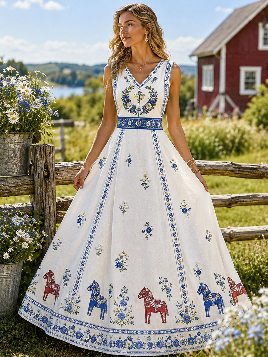 Vintage svensk blommig dalahästkonsttryck avslappnad klänning