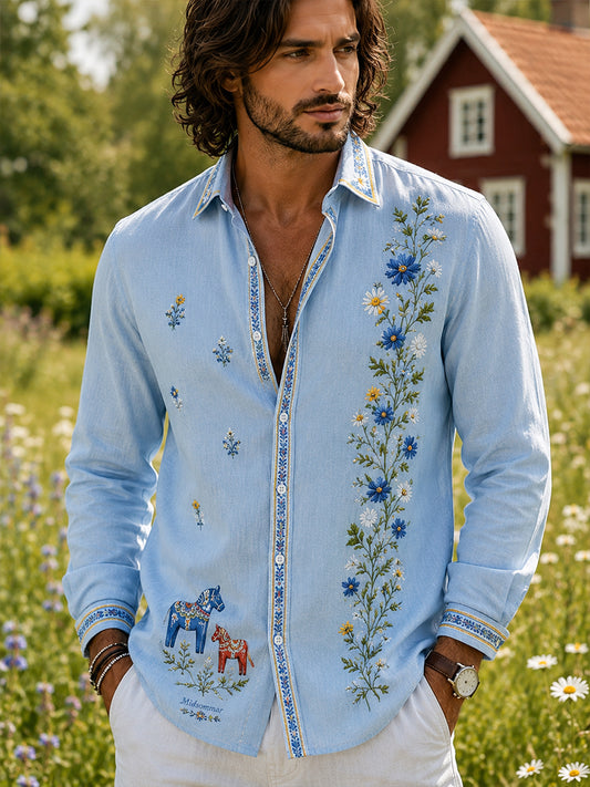 Retro svensk blommig dalahästkonsttryck avslappnad skjorta