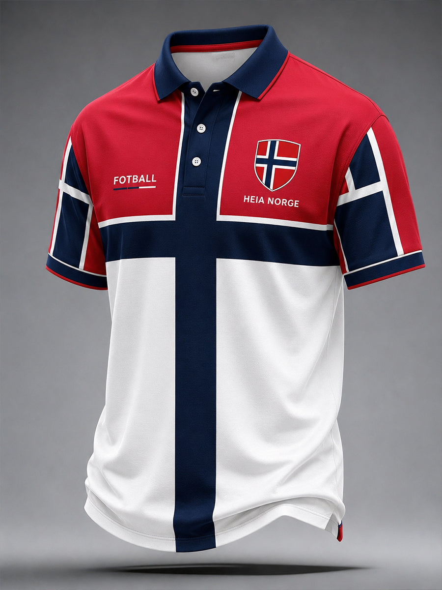 Retro norsk fotballfan-stil nordisk kunsttrykk avslappet poloskjorte