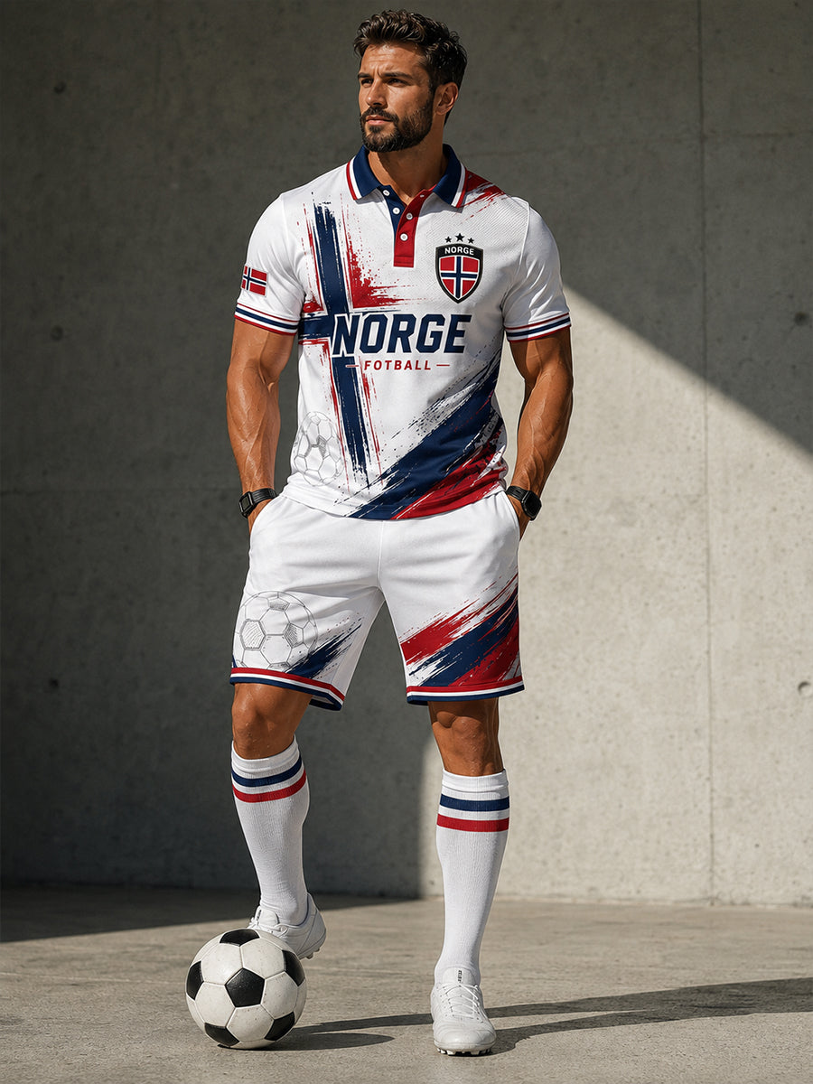 Retro norsk fotballfan-stil nordisk kunsttrykk avslappet poloskjorte todelsett