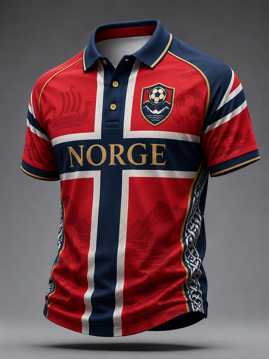 Retro norsk fotballfan-stil nordisk kunsttrykk avslappet poloskjorte