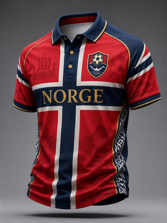 Retro norsk fotballfan-stil nordisk kunsttrykk avslappet poloskjorte