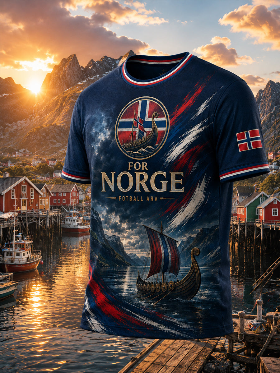 Retro norsk fotballfan-stil nordisk kunsttrykk avslappet t-skjorte