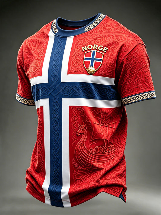 Herre-T-skjorte med kortermer, vikingeskipsmotiv fra Norge, fotball- og flaggtrykk i kontrastfarger