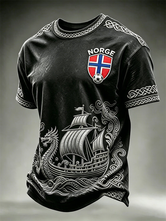 Menns vikingskip over bølger Norge fotball keltisk trykk t-skjorte med korte ermer