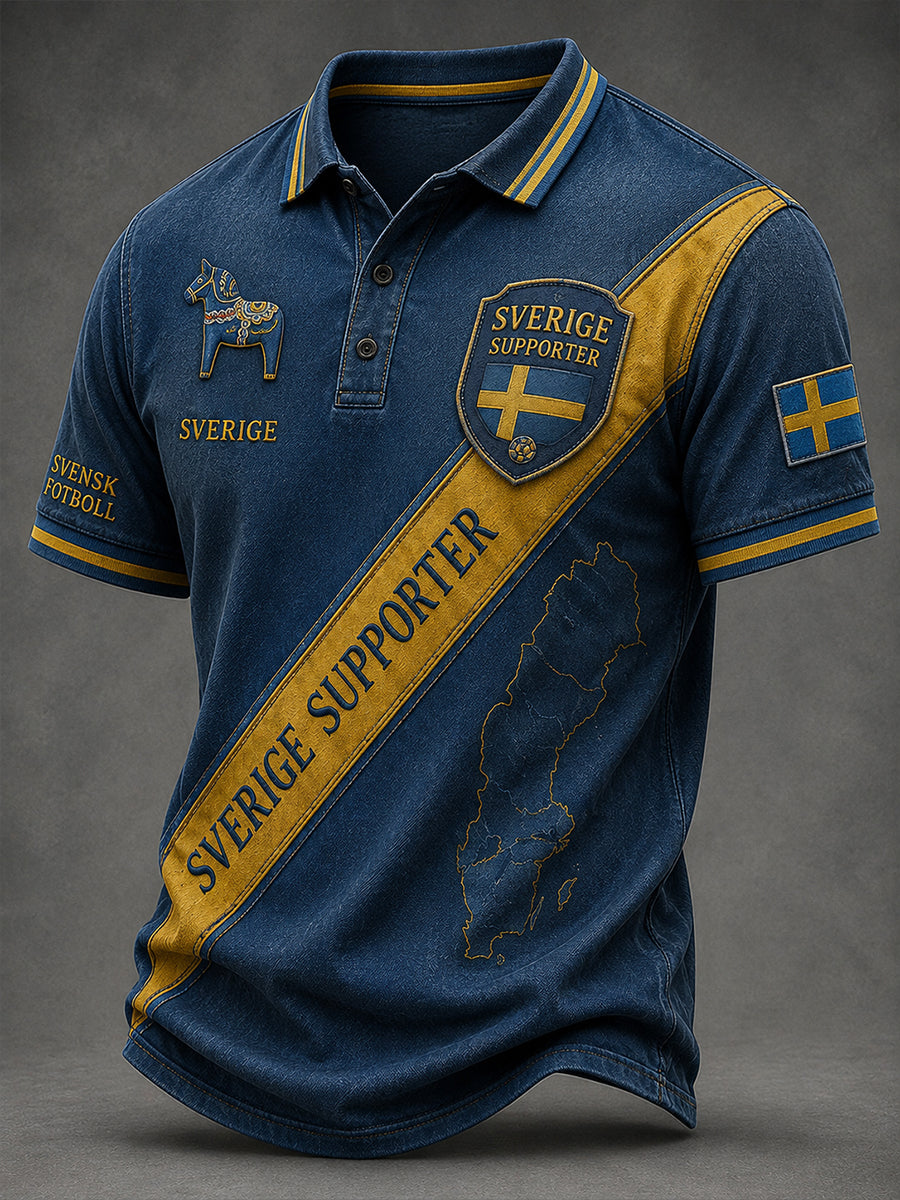 Retro svensk fotbollsfanart-print avslappnad pikétröja
