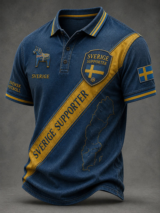Retro svensk fotbollsfanart-print avslappnad pikétröja
