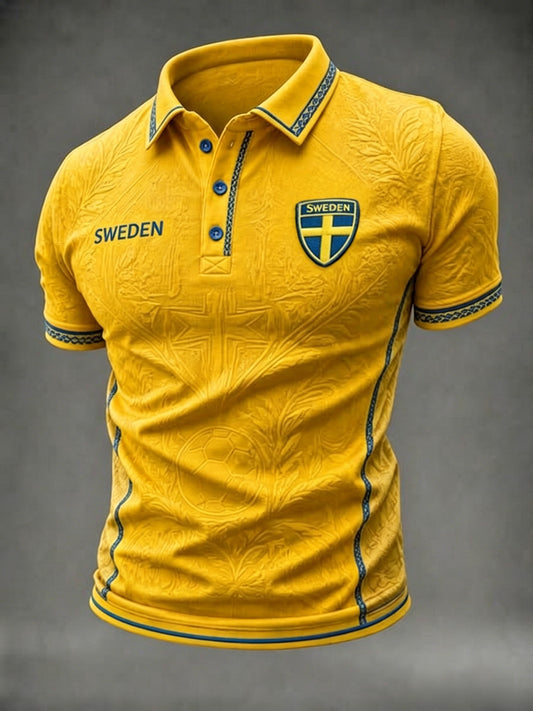 Herrpolskirt med kort ärm i retrostil, Sverige och fotboll 2026, tryckt design
