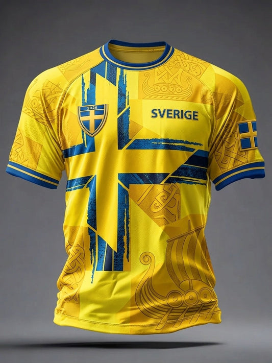 Herrtröja i retrostil med svensk fotbollsmotiv och tryck 2026
