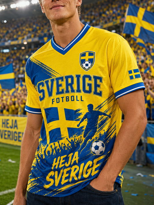 Herr-T-shirt med fotbollsmotiv, V-ringning och korta ärmarna