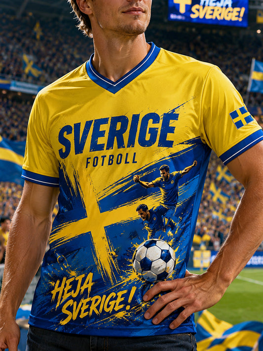 Herr-T-shirt med fotbollsmotiv, V-ringning och korta ärmarna