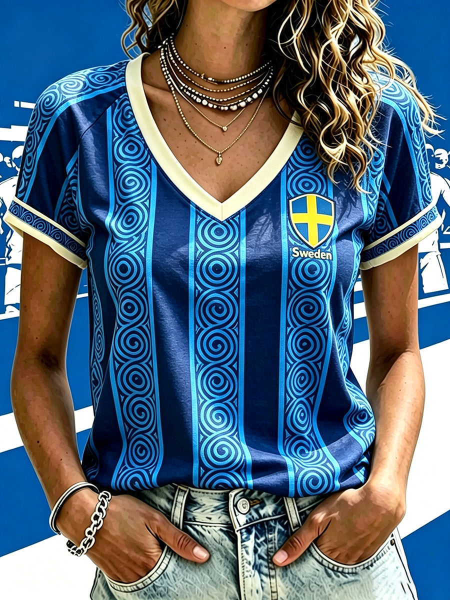 Kvinnors svensk fotboll V-hals Off-Shoudre kortärmad T-shirt