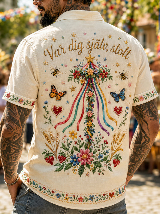 Herrskjorta med korta ärmar och minneskonsttryck från Stockholms Pridevecka