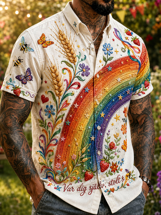 Herrskjorta med korta ärmar och minneskonsttryck från Stockholms Pridevecka