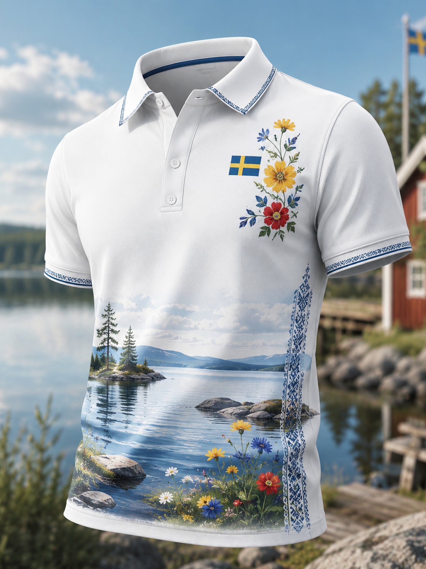 Herrpolotröja med konsttryck till minne av den svenska midsommarfesten