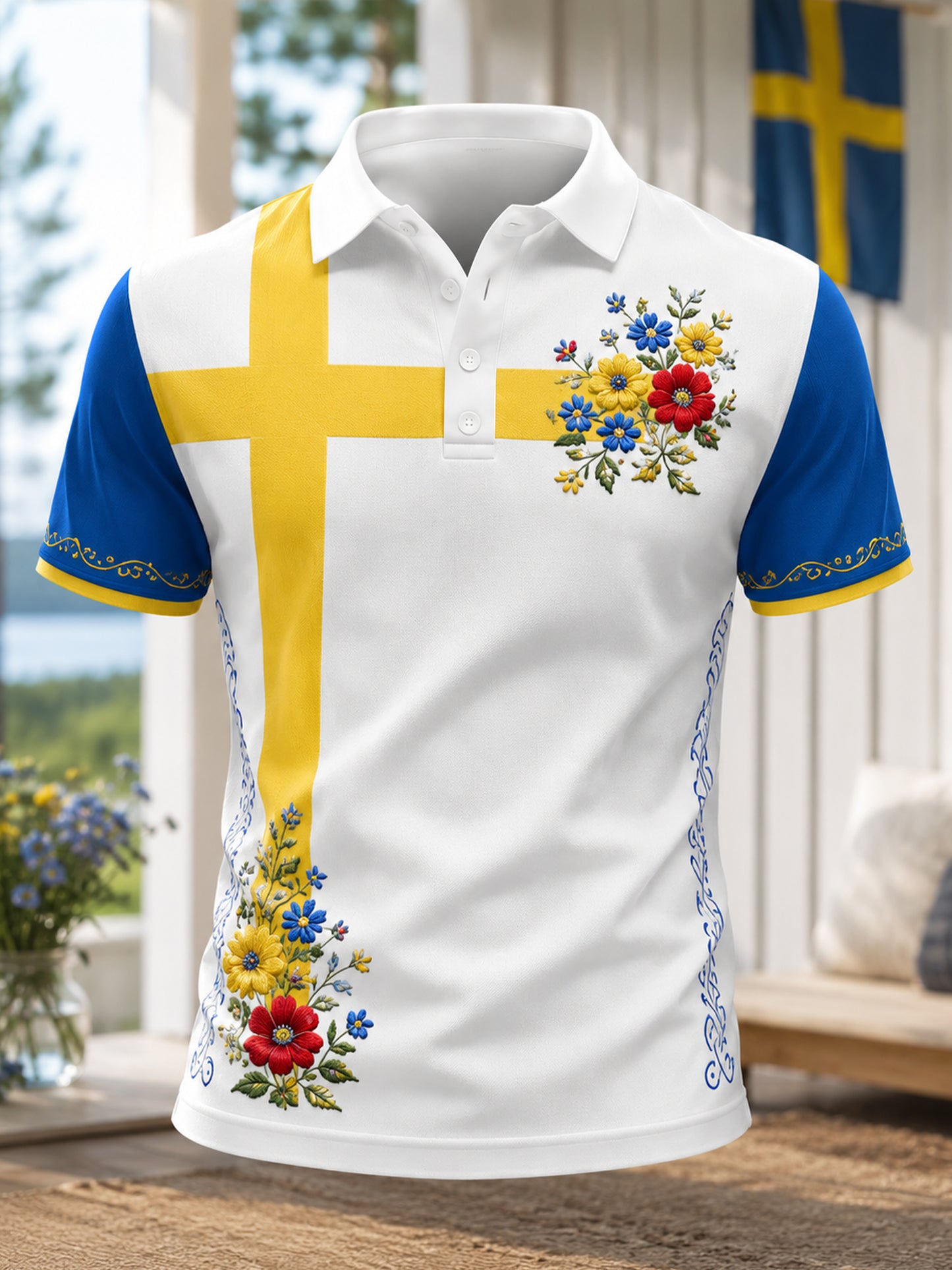Herrpolotröja med konsttryck till minne av den svenska midsommarfesten