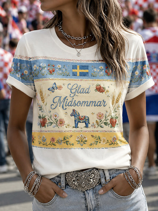 Damer Svensk Midsommarfest Minneskonsttryck T-shirt