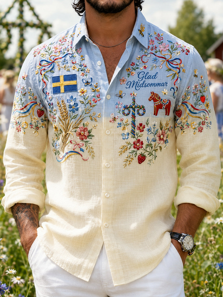 Herrskjorta med konsttryck till minne av den svenska midsommarfesten, långärmad