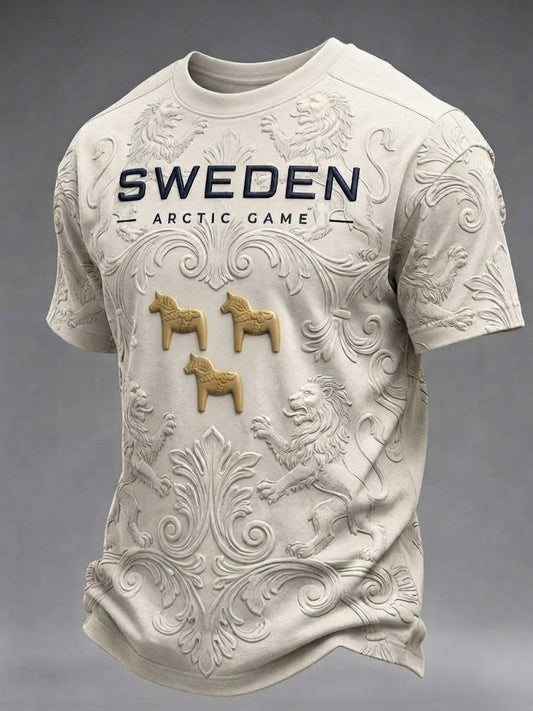 Herrtröja i retrostil med svensk fotbollsmotiv och korta ärmar
