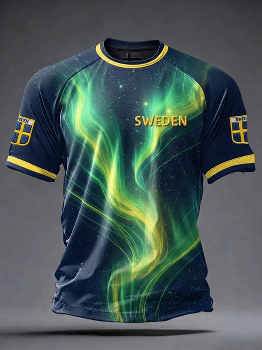 Herrtröja i retrostil med svensk fotbollsmotiv och korta ärmar