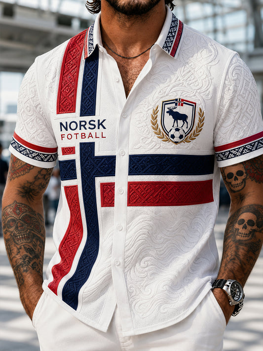 Retro norsk fotballfan-kunsttrykk avslappet skjorte