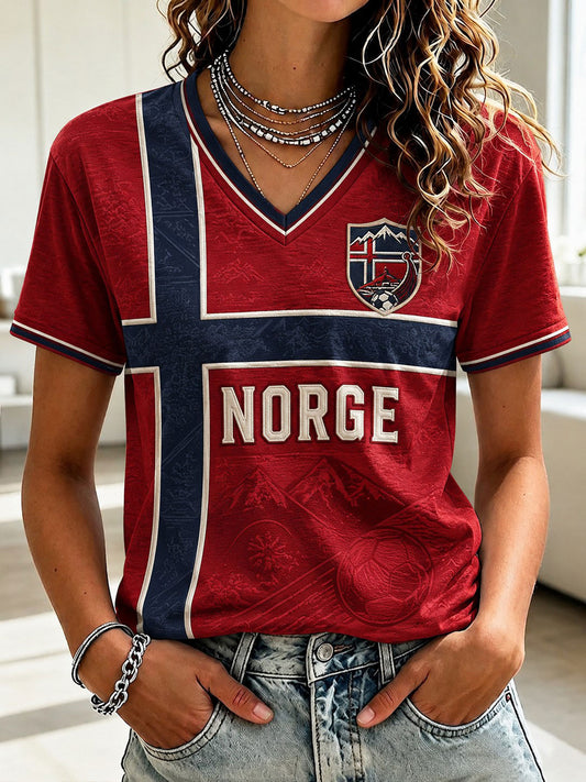 Kvinner Norge Fotball Trykt V-utfelling T-skjorte
