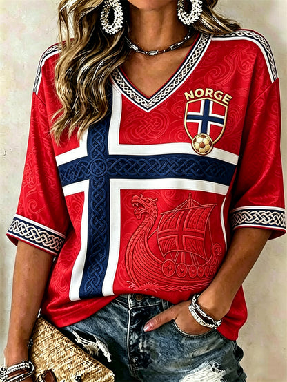 Kvinner Norge Fotball Vikingevesel Keltisk flagg Fargemønster Trykk Midtlange ermer V-utringning T-skjorte