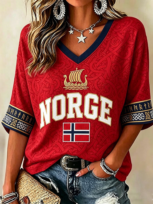 Dame-Norge fotballfan t-skjorte med middellange ermer og V-uttakning
