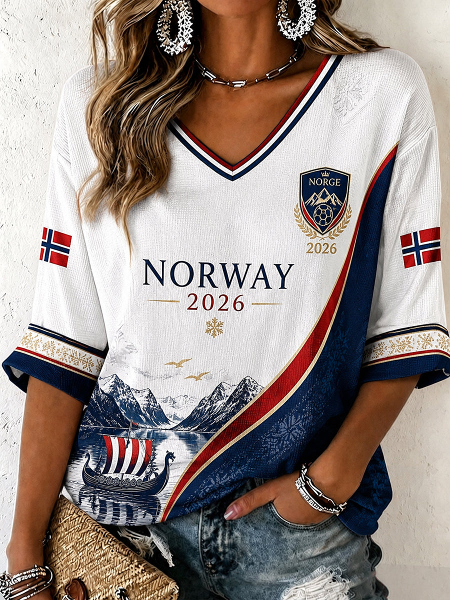 2026 Norge Fotballfan Fritids-V-hals T-skjorte