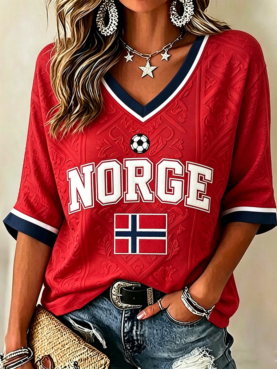 Dame-Norge fotballfan t-skjorte med middellange ermer og V-uttakning