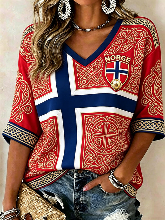 Kvinner Norge Fotball Viking Totem Keltisk knute Flagget Fargelappetrykk Midtlange ermer V-utringning T-skjorte