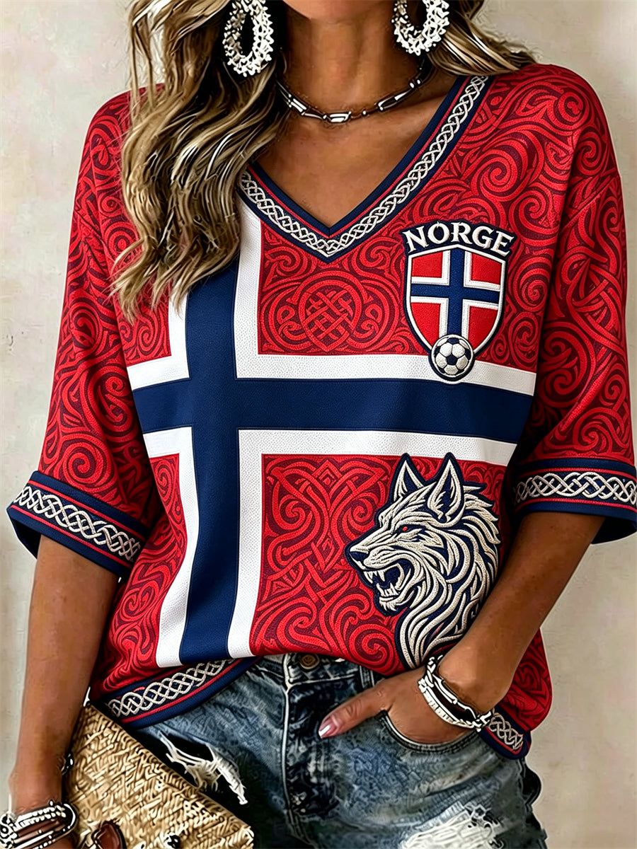 Kvinner Norge Fotball Viking Ulv Keltisk knute Flagget Fargelapp Trykk Midtlange ermer V-utringning T-skjorte