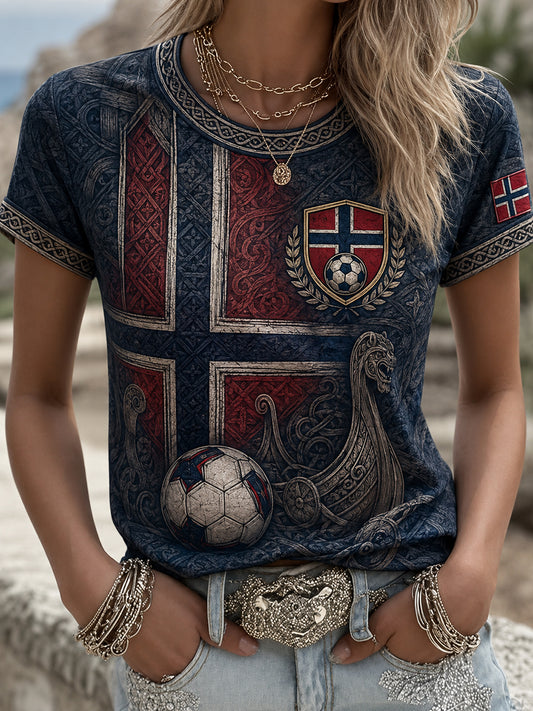 Kvinner Norge Fotball Vikingeskipsmønster T-skjorte