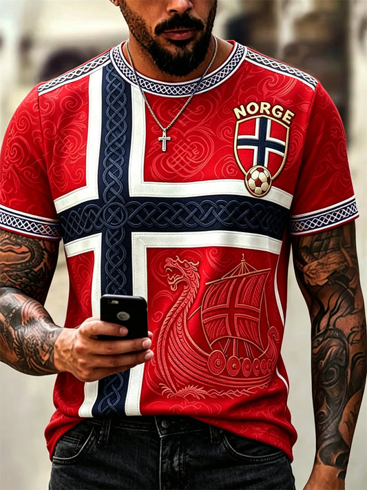 Herrer Norge Fotball Vikingeskipskeltisk flagg fargeblokktrykk t-skjorte med korte ermer