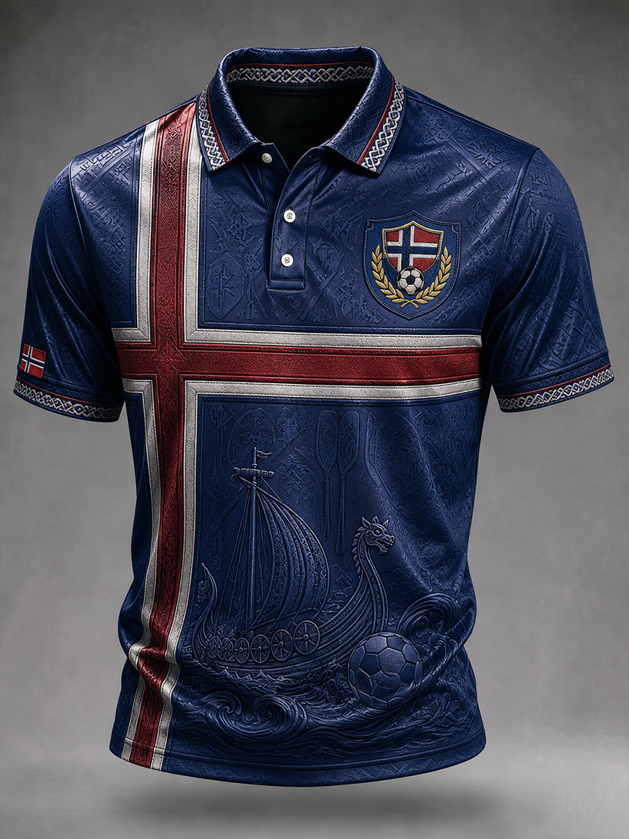 Herrskjorte med fotball- og vikingskipsmotiv fra Norge