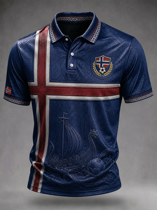 Herrskjorte med fotball- og vikingskipsmotiv fra Norge