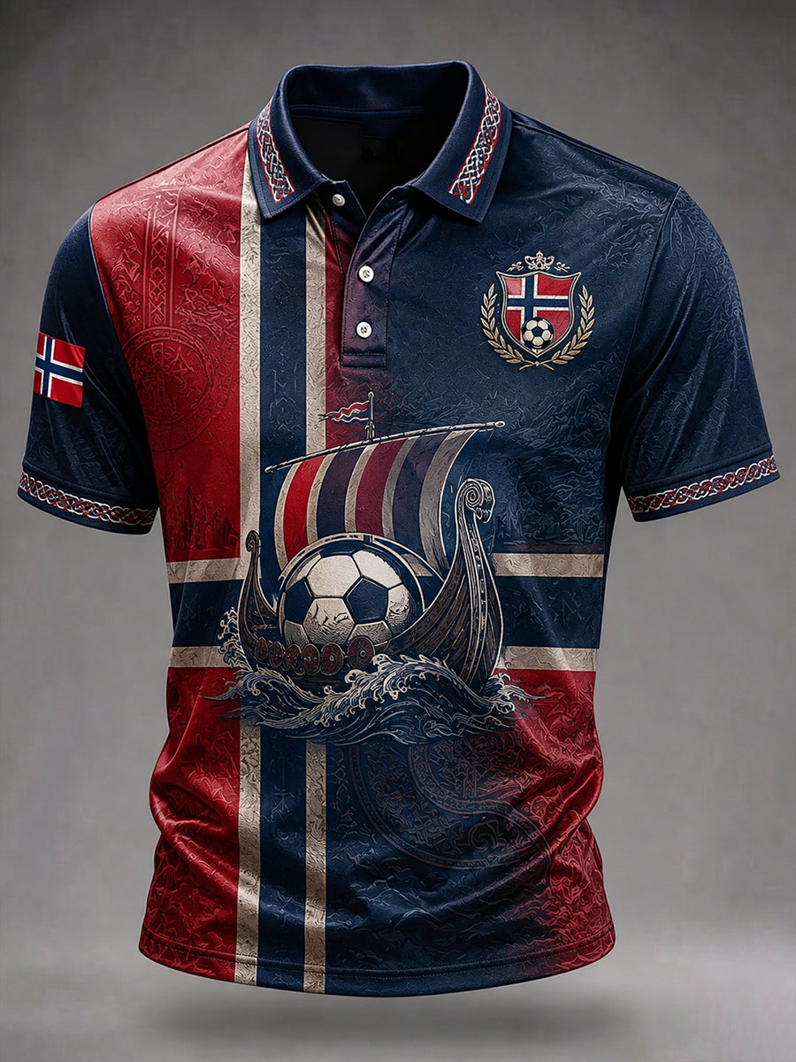 Herrskjorte med fotball- og vikingskipsmotiv fra Norge