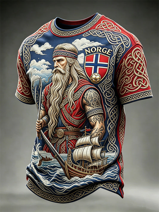 Menns fotball-T-skjorte fra Norge med motsetningsrikt print av vikingkriger og keltisk knuteflagg, kortermet