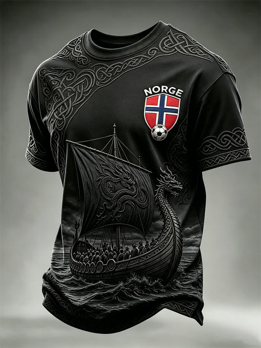 Herrer Norge fotball vikingskip keltisk knute print t-skjorte med kortermer