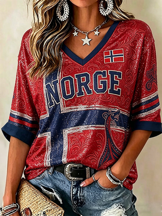 Dame-Norge fotballfan t-skjorte med middellange ermer og V-uttakning