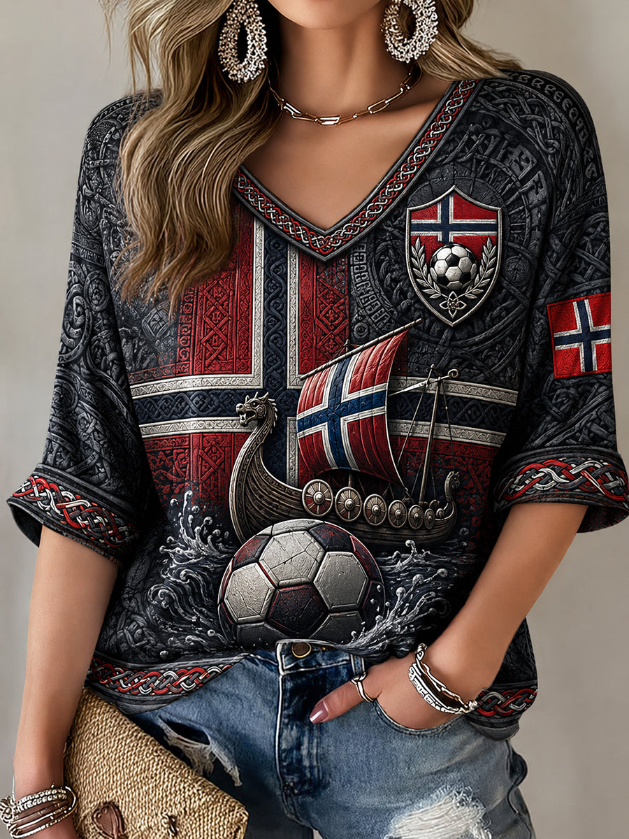 Kvinner Norge Fotball Midtlange ermer V-utringning T-skjorte