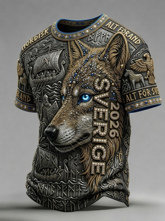Herr Retro Svensk fotbollälskare Viking Wolf Print Short-Shirt