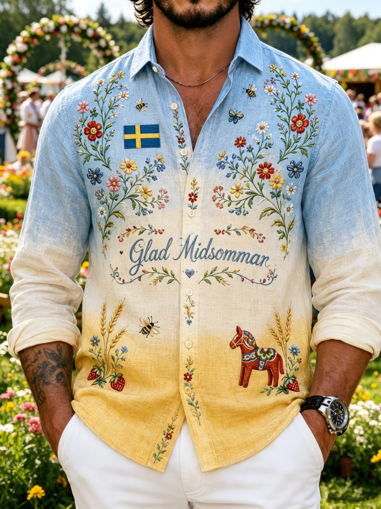 Mäns svenska midsommarfestival minneskonst Skriv ut Långärmskjort