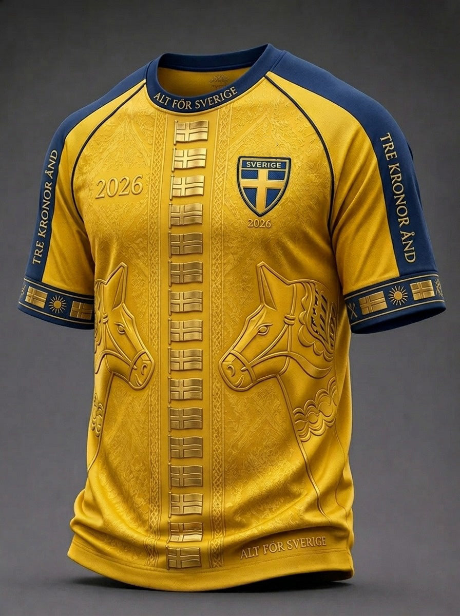 Herrtröja i retrostil med svensk fotbollsmotiv och korta ärmar
