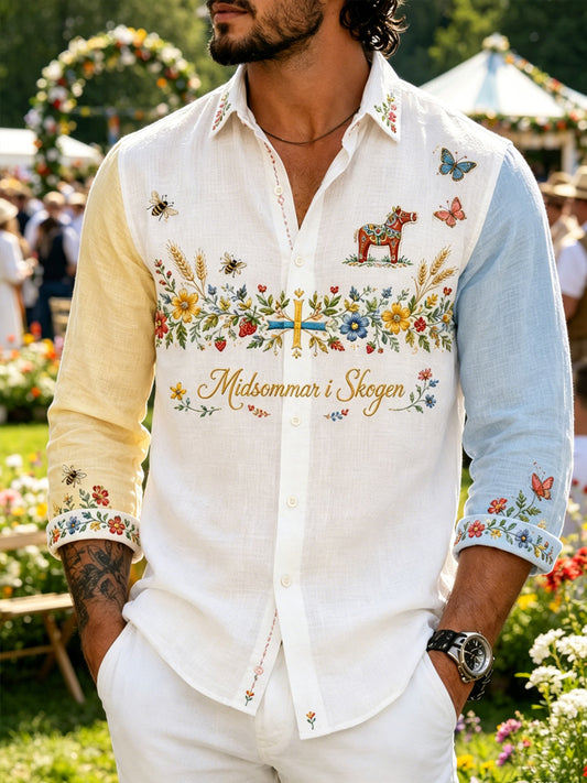 Herrskjorta med konsttryck som hyllar den svenska midsommarfesten, långärmad