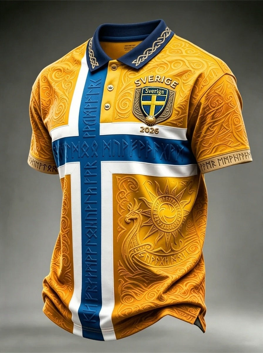 Herrtröja i retrostil med svensk fotbollsmotiv och korta ärmar