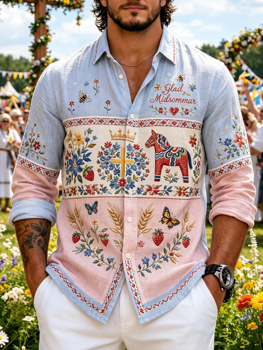 Herrskjorta med konsttryck som hyllar den svenska midsommarfesten, långärmad